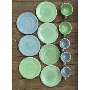 Fire King Jadite 7 Saucers 4.75" + 5 mini tea cups 2" Blue Azurite 1.5" Jadeite